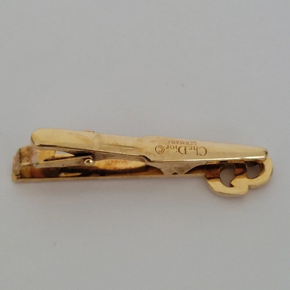 Christian Dior Mens Vintage Gold Tone CD Logo Tie Clip Germany Textured Bar‎